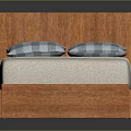 Double Bed With Wooden Headboard Mattress And Blue White Checkered Pillows