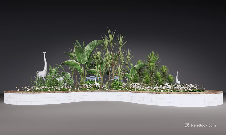 Tropical Plant Combination With Banana Leaves Palm Plants And White Storks In White Brick Planter 3d model 