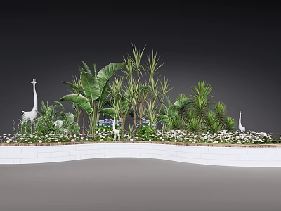 Tropical Plant Combination With Banana Leaves Palm Plants And White Storks In White Brick Planter 3d model