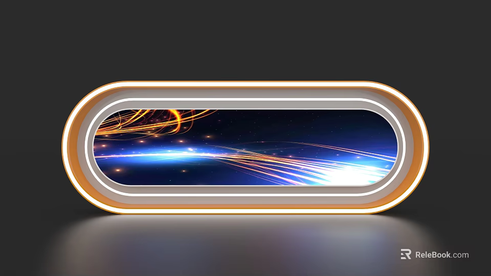 Oval Event Display Wall With Orange Border Illuminated Effect Blue Background And Tech Light Streaks 3d model 