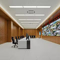 Modern Office Conference Room With Long Table Black Chairs Wooden Walls And Ceiling Lights