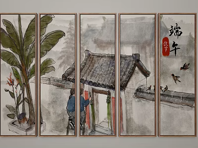 Chinese Five Panel Landscape Painting With Banana Leaves Traditional Roof And Dragon Boat Festival Elements 3d model
