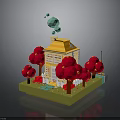 Colorful 3D House Model Scene With Yellow Building Red Trees And Green Bubbles