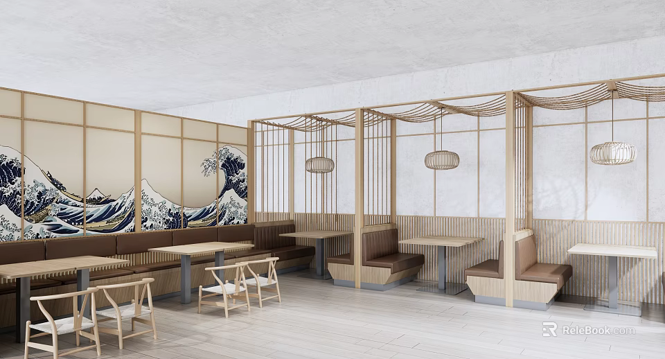 Public Chair In Wooden Partition Interior Featuring Wave Painting And Seating Tables 3d model 