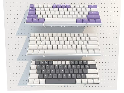 Three Stylish Mechanical Keyboards With Purple White Black Color Schemes Mounted On Pegboard 3d model