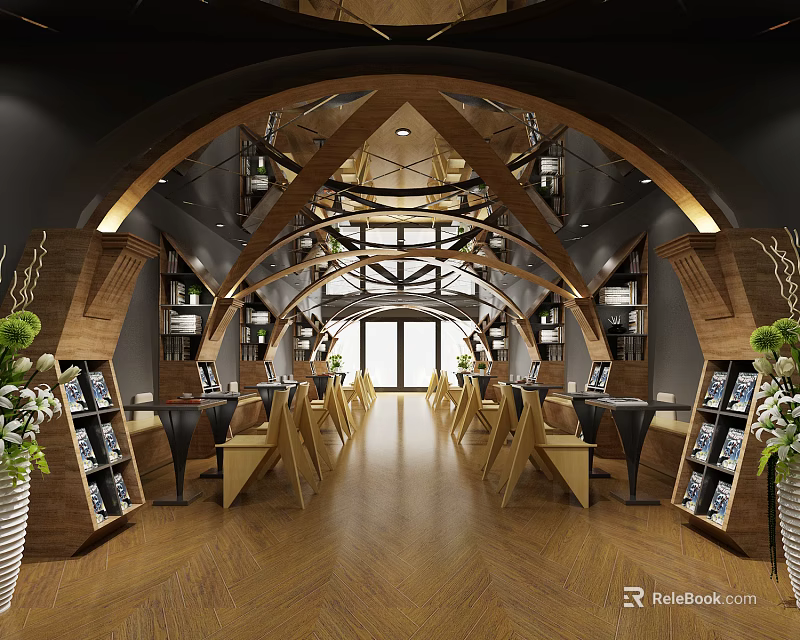 Stylish Café Interior Design With Arched Wooden Ceiling Bookshelves And Cozy Tables 3d model 