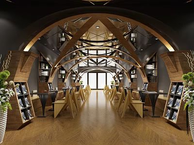 Stylish Café Interior Design With Arched Wooden Ceiling Bookshelves And Cozy Tables 3d model