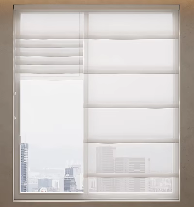 White Window Blinds Installed On Modern Window With City Skyline View 3d model