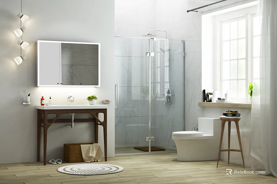 Modern Bathroom Vanity With Mirror Sink Toilet And Shower In Bright Space 3d model 