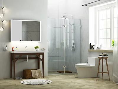 Modern Bathroom Vanity With Mirror Sink Toilet And Shower In Bright Space 3d model
