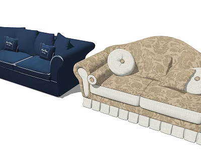Navy Blue And Beige Patterned Two Seater Sofas With Cushions And Decorative Edges 3d model