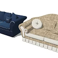 Navy Blue And Beige Patterned Two Seater Sofas With Cushions And Decorative Edges 3d model