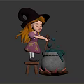 Cute Witch Girl Stirring Green Potion In Cauldron With Burning Firewood And Bubbles