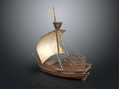 Wooden Model Sailing Ship with Mast Sail and Detailed Deck Structure 3d model