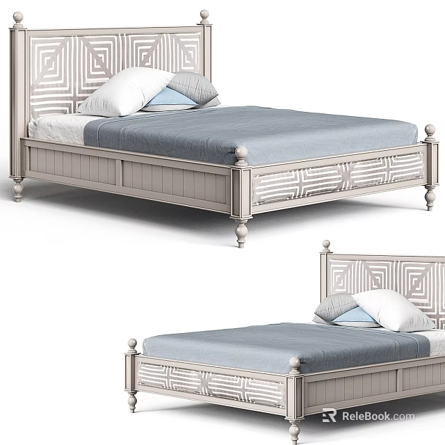 Light Colored Double Bed With Geometric Pattern Frame Blue Mattress And Pillows 3d model