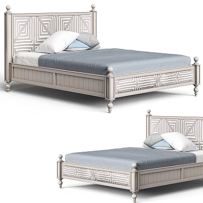 Light Colored Double Bed With Geometric Pattern Frame Blue Mattress And Pillows 3d model