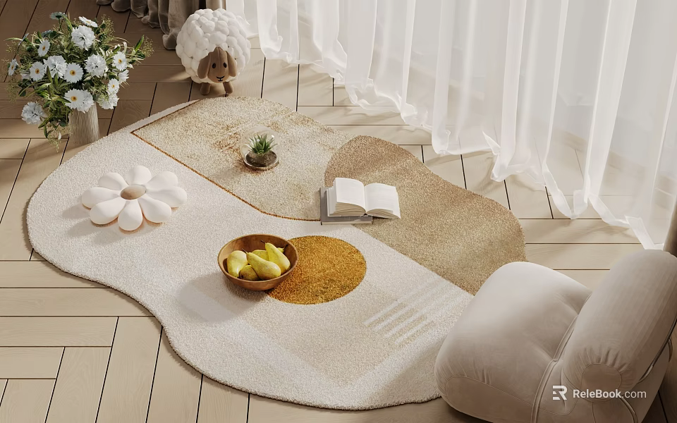 Modern Square Rug In Living Room With Fruit Bowl And Book 3d model 
