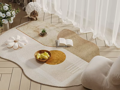 Modern Square Rug In Living Room With Fruit Bowl And Book 3d model