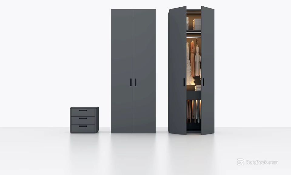 Gray Wardrobe With Open And Closed Doors Clothes Inside And Small Drawer Cabinet 3d model 