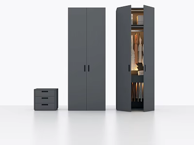 Gray Wardrobe With Open And Closed Doors Clothes Inside And Small Drawer Cabinet 3d model