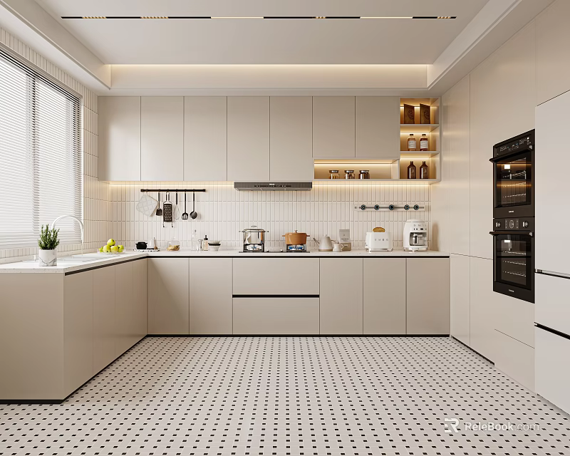 Modern Kitchen Interior With White Cabinets Black And White Checkered Floor Window And Oven Appliances 3d model 