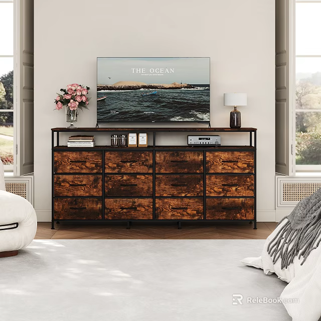 Wooden TV Stand with Drawers TV Lamp and Pink Vase Featuring Ocean View 3d model 