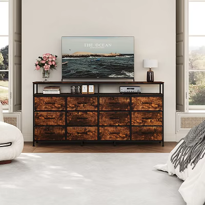 Wooden TV Stand with Drawers TV Lamp and Pink Vase Featuring Ocean View 3d model