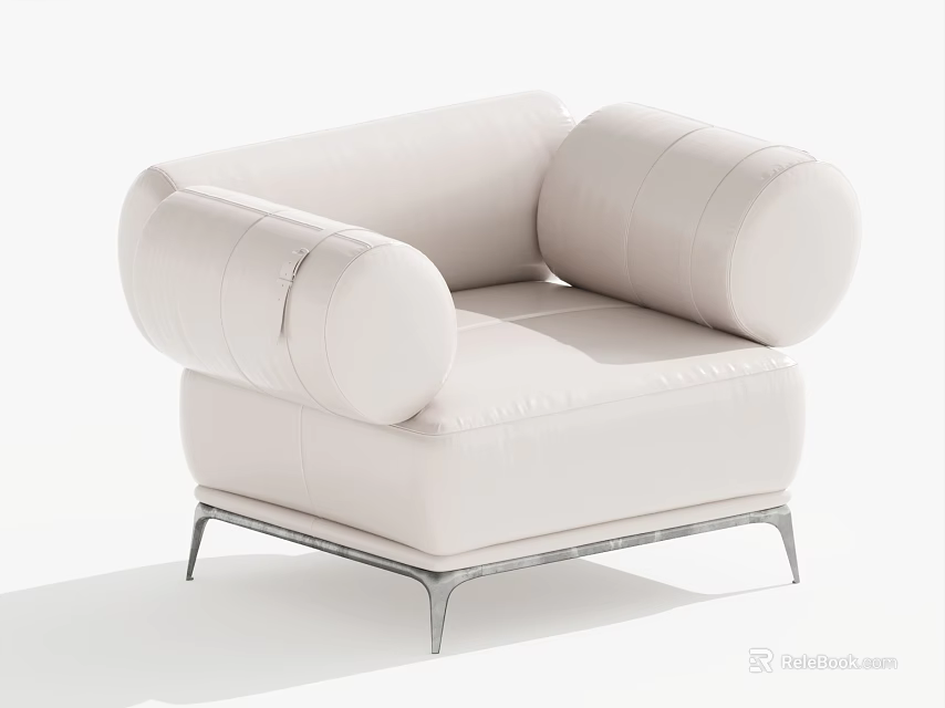 Modern White Leather Single Sofa With Rounded Armrests And Metal Frame 3d model