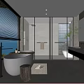 Modern Bathroom Interior With Freestanding Bathtub Glass Shower Enclosure Large Window And Stone Walls