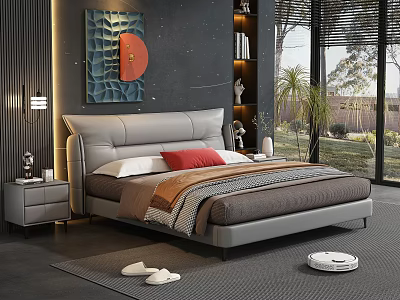 Modern Bedroom Interior Design With Gray Leather Headboard Red Pillow Wall Art And Outdoor Greenery 3d model