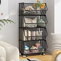 Multi tiered Black Metal Storage Shelf in Living Room with Decorative Items and Books