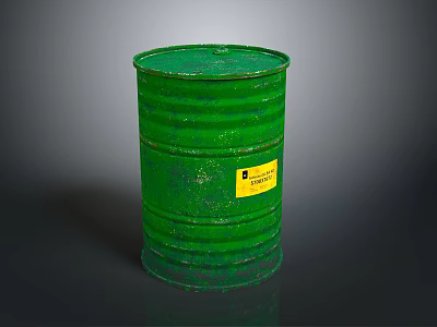 Industrial Green Metal Barrel With Yellow Label And Ribbed Surface 3d model