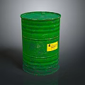 Industrial Green Metal Barrel With Yellow Label And Ribbed Surface