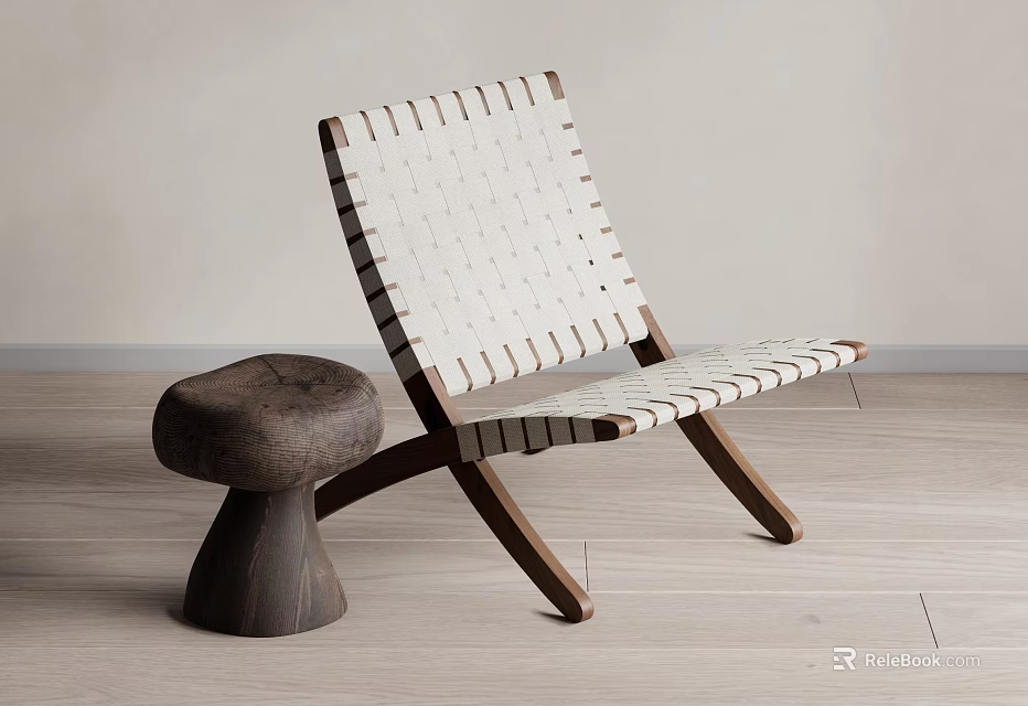 Modern Leisure Chair With Wooden Frame White Woven Straps And Side Stool 3d model 