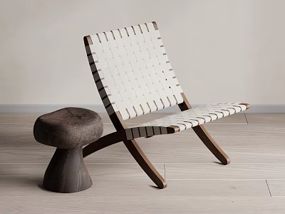 Modern Leisure Chair With Wooden Frame White Woven Straps And Side Stool 3d model