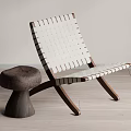 Modern Leisure Chair With Wooden Frame White Woven Straps And Side Stool