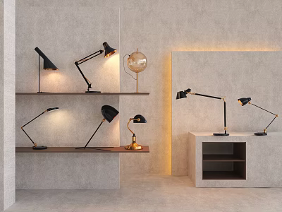 Various Modern Table Lamps With Adjustable Arms On Minimalist Display Shelves 3d model