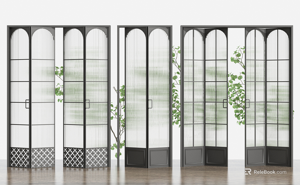 Arched Glass Folding Doors With Black Frame And Green Plants In Interior 3d model 