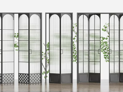 Arched Glass Folding Doors With Black Frame And Green Plants In Interior 3d model