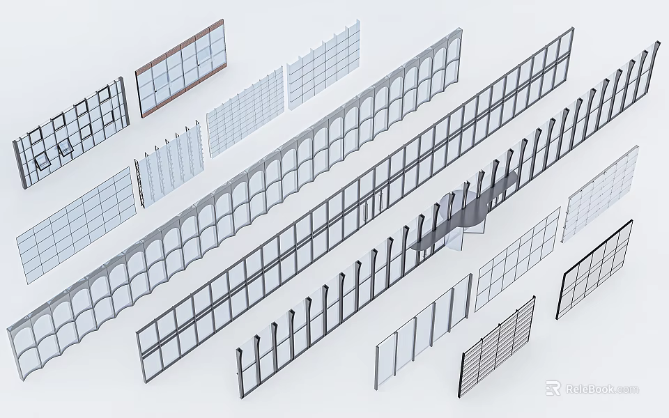 Various Fence Design Styles Featuring Mesh Panels Vertical Bars And Grid Patterns 3d model 