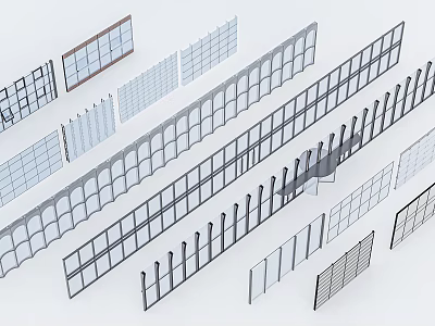 Various Fence Design Styles Featuring Mesh Panels Vertical Bars And Grid Patterns 3d model
