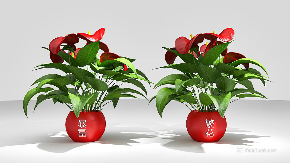 Bonsai Potted Plants in Red Pots with Red Flowers and Green Leaves 3d model 