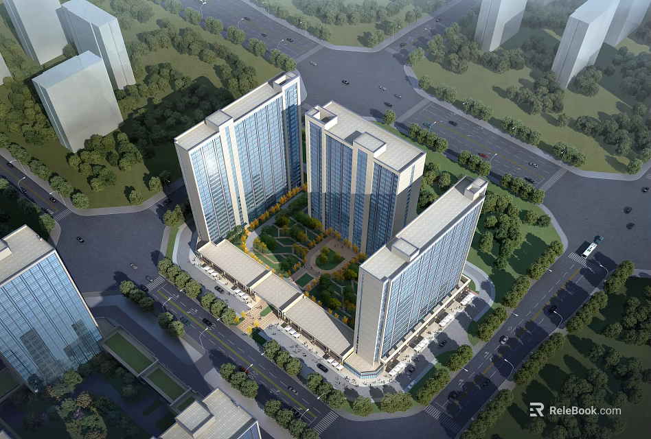 Urban Aerial Planning with High Rise Buildings Central Green Space and Road Network 3d model 