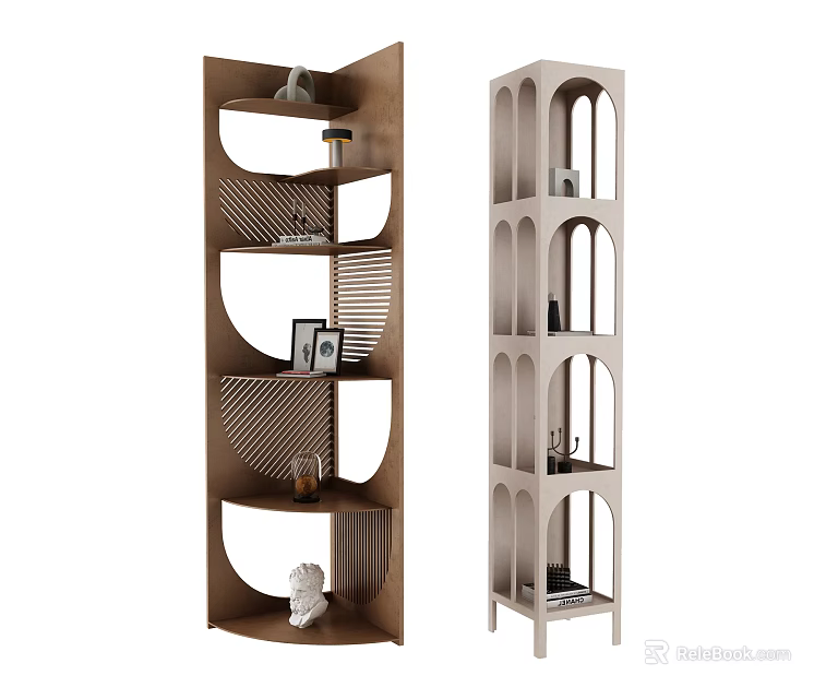 Modern Brown And Light Shelving Units With Curved Arched Compartments Geometric Patterns And Decorative Items 3d model 
