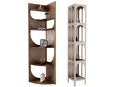 Modern Brown And Light Shelving Units With Curved Arched Compartments Geometric Patterns And Decorative Items 3d model