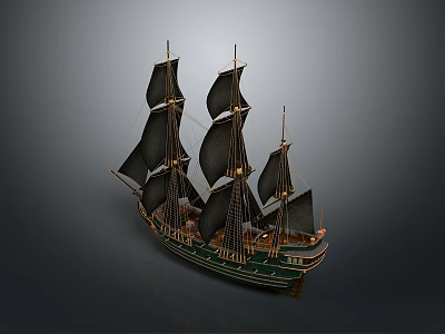 Vintage Sailing Ship With Black Sails Green Hull And Wooden Masts 3d model