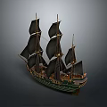 Vintage Sailing Ship With Black Sails Green Hull And Wooden Masts