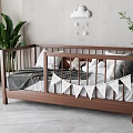 Wooden Brown Kids Bed With Plush Pillows Cloud Decor Bunting Flags And Plants