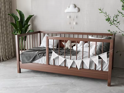 Wooden Brown Kids Bed With Plush Pillows Cloud Decor Bunting Flags And Plants 3d model