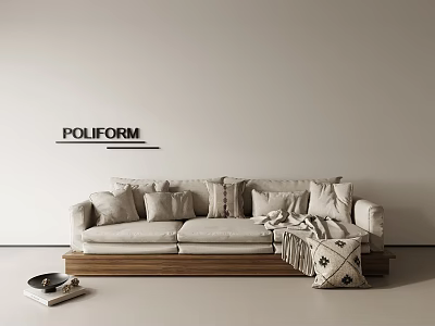 Poliform Beige Sectional Sofa With Plush Pillows Wooden Base And Side Table Decor 3d model